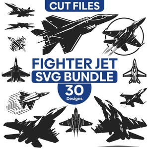 Puede incluir: Una colección de diseños de aviones de combate en blanco y negro. La imagen incluye el texto "CUT FILES" y "FIGHTER JET SVG BUNDLE 30 Designs". Los aviones se muestran en varios ángulos y estilos.