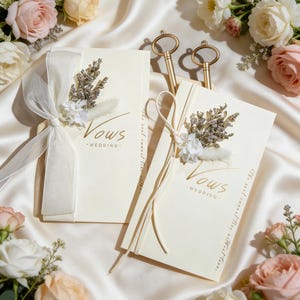 May include: Ivory wedding vow books with floral accents and the word "Vows" in gold script. The books are tied with ribbons and adorned with dried flowers and feathers. Gold skeleton keys are also present.