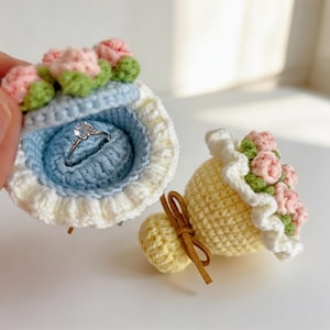 Crochet Bouquet Ring Box, Proposal Flower Ring Holder, Handmade Yarn Engagement Ring Box, Mini Bouquet Ring Case, Romantic Proposal Gift