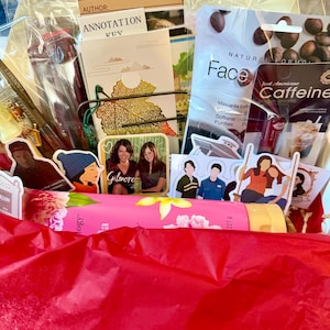 May include: A gift box containing a Book Review card, an Annotation Key, a metal leaf bookmark, a face mask, a Caffeine lip balm, and various stickers featuring characters and the text Gilmore. A pink tube with floral graphics sits in the foreground.