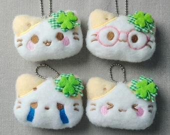 Green Clover Cat Plush Keychain, Kawaii Cat Keyring, Charm Gift for Girls