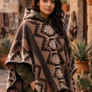 May include: A hooded poncho in shades of brown and beige with a geometric pattern. The poncho has a fringed hem and is worn over a green jacket. The background features a stone building and potted plants.