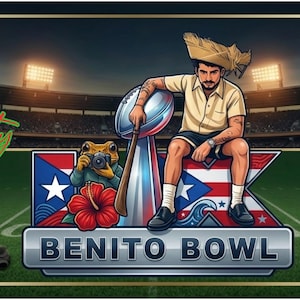 May include: A banner with a football theme, set against a stadium backdrop. The words "Watch Party" are in green script. A football helmet, jersey, and ball are on the left. The centre shows a person with a trophy and the words "Benito Bowl".