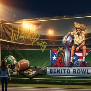 Könnte beinhalten: Ein großes Banner am Stadioneingang zeigt eine Illustration zum Thema American Football. Das Banner enthält den Text "Benito Bowl" und "Touchdowns". Eine Person ist abgebildet, die einen Football hält, mit Football-Ausrüstung und einem Stadion im Hintergrund.