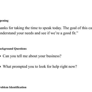 May include: A white document with black text detailing a sales call agenda. The text includes an opening statement, background questions, and problem identification. Questions include "Can you tell me about your business?"