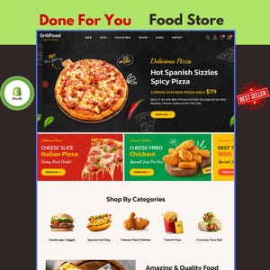 Peut inclure: Une interface de site web pour GrillFood Cafe and Resto présentant une grande pizza, du texte incluant Hot Spanish Sizzles Spicy Pizza, Cheese Chicken Pizza, Cheese Slice Italian Pizza, Cheese Fried Chicken et une section Shop By Categories.
