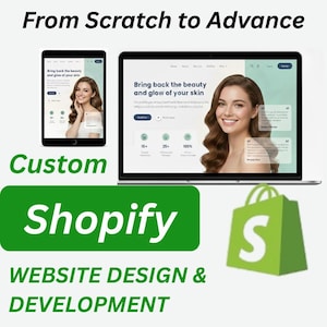Puede incluir: Gráfico publicitario para el diseño y desarrollo de sitios web Shopify. La imagen presenta un portátil, una tableta y un icono de bolsa de la compra de Shopify. El texto incluye "From Scratch to Advance" y "Custom Shopify Website Design & Development."