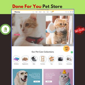 May include: A website interface for Meowy pet store featuring a banner with a white and orange cat and a cat being groomed with a blue brush. The page displays pet care collections including bowls, supplements, beds, furniture, toys, carriers, and accessories.