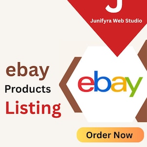 Peut inclure: Graphique promotionnel pour les services de référencement de produits eBay. L'image présente le logo eBay dans un hexagone blanc, avec le texte "ebay Products Listing" en marron et rouge. Un triangle rouge avec la lettre "J" et "Junifyra Web Studio" est en haut à droite. Un bouton "Commander maintenant" est en bas.