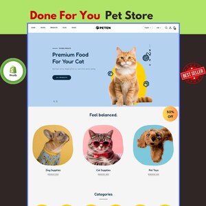 Könnte beinhalten: Eine Website-Oberfläche für ein Tiergeschäft namens PETEN mit einer ingwerfarbenen Katze auf hellblauem Hintergrund. Darunter zeigen drei kreisförmige Symbole einen Hund im Bananenhemd, eine Katze mit rosa Sonnenbrille und Fliege sowie ein Hundespielzeug.