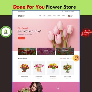 May include: A website interface for a flower store named Phuler, featuring a pink background with pink tulips, a navigation menu, a New Arrivals section for Mother's Day, and a grid of featured flower bouquets with prices and product names.
