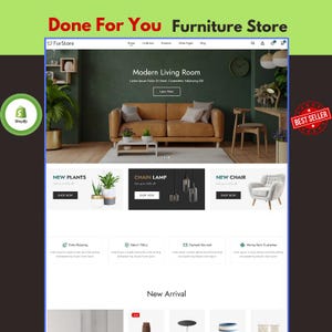 Pode incluir: Uma interface de site para a FurStore Furniture Store apresentando um sofá bege em uma sala verde, uma seção para plantas, luminárias de corrente e uma cadeira nova, com menus de navegação, busca e banners de texto promocionais.