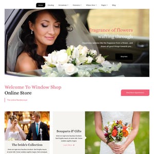 May include: A website interface for Window Shop featuring a banner with a person in a white veil holding white flowers, navigation menus, and sections titled The bride's Collection, Bouquets & Gifts, and an online store welcome message.