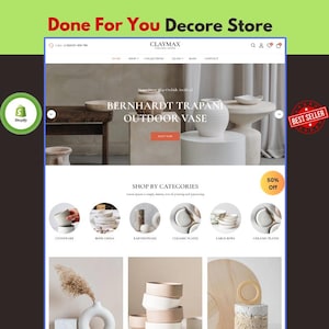 Pode incluir: Uma interface de site para a Claymax Ceramic Store exibindo um vaso externo Bernhardt Trapani, várias categorias de cerâmica incluindo grés, porcelana, faiança e pratos, com um selo de 50% de desconto e um logotipo da Shopify.