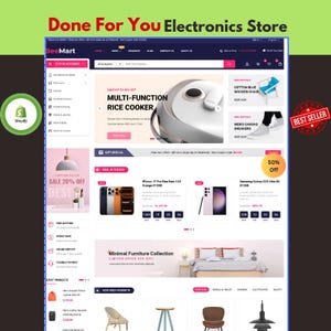 Puede incluir: Una interfaz digital para el sitio web de la tienda de electrónica BeeMart, que presenta un menú de navegación, un banner para una arrocera multifunción, listados de productos de teléfonos inteligentes y una sección de muebles.