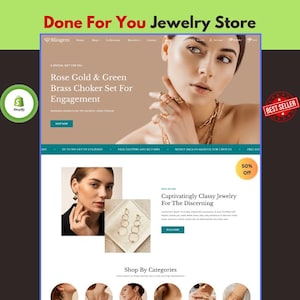 Peut inclure: Une interface de site web pour une bijouterie nommée Blingem présentant un ensemble de ras-du-cou en laiton or rose et vert pour fiançailles, des photos de bijoux, un badge 50% de réduction et des menus pour boutique et collections.