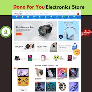 Puede incluir: Una interfaz de sitio web para una tienda de electrónica llamada Voltzy, que presenta una barra de navegación, un banner de venta de cámaras digitales, anuncios de auriculares y un diseño de cuadrícula con varios dispositivos electrónicos.