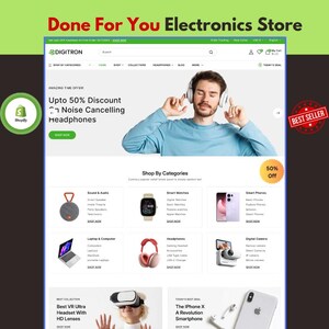 May include: A website interface for an electronics store named Digitron, featuring a banner with a person wearing white headphones, promotional text for noise cancelling headphones, and a grid layout displaying categories like smartwatches, laptops, and cameras.