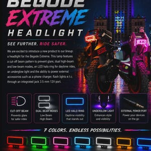 May include: A promotional graphic for the Begode Extreme headlight featuring text, product images of electric unicycles, and icons detailing features like cut-off beam, dual beam modes, LED halo ring, underglow light, and a 3.5 mm 12V power port.