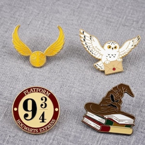 Wizard School Enamel Pin Set, Magic Owl, Platform 9 3/4, Hat Books Badge