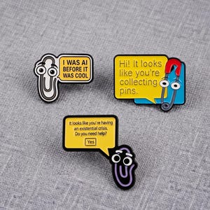 Nostalgic 90s Computer Paperclip Enamel Pin Set, Funny Retro Tech Meme Brooch, IT Support Programmer Gift, Sarcastic AI Humor Lapel Pin