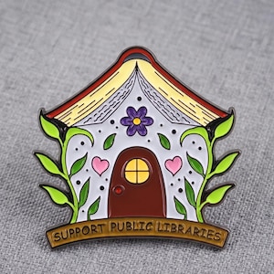 Support Public Libraries Enamel Pin, Book Lover Cottagecore Brooch, Bookish Lapel Pin