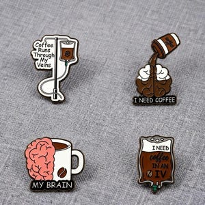 Funny Coffee Enamel Pin Set, Caffeine Addict IV Drip Brooch, Barista Backpack Flair, Nurse Medical Badge Reel Charm, Brain Lapel Pin Gift
