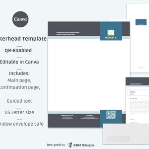 Puede incluir: Un diseño de plantilla de membrete en Canva, que presenta una página principal, una página de continuación y un sobre. El diseño incluye una combinación de colores azul y gris, con el texto "Mountain K" y un código QR. La plantilla es de tamaño US Letter y segura para sobres con ventana.
