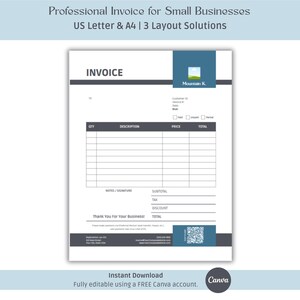 May include: A professional invoice template for small businesses featuring a clean layout with sections for quantity, description, price, and total. The document includes a logo placeholder, contact fields, and a QR code, available in US Letter size.