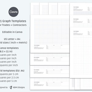 May include: A collection of white graph paper templates with grid patterns, designed for trades and contractors. The templates are available in US Letter and A4 sizes, with various grid sizes in inches and metric. The image includes the Canva logo and text: "21 Graph Templates for Trades + Contractors."
