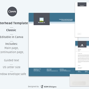 Puede incluir: Un diseño de plantilla de membrete en azul y blanco, con el logotipo de Canva. El diseño incluye una página principal, una página de continuación y texto guiado, todo editable en Canva. La plantilla es de tamaño US Letter y segura para sobres con ventana.