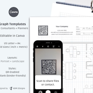 May include: A black smartphone displays a QR code, with the text "Scan to share files or contact." The image also shows a graph template with a floor plan, and the Canva logo. Text on the left side reads "Graph Templates for Consultants + Planners."
