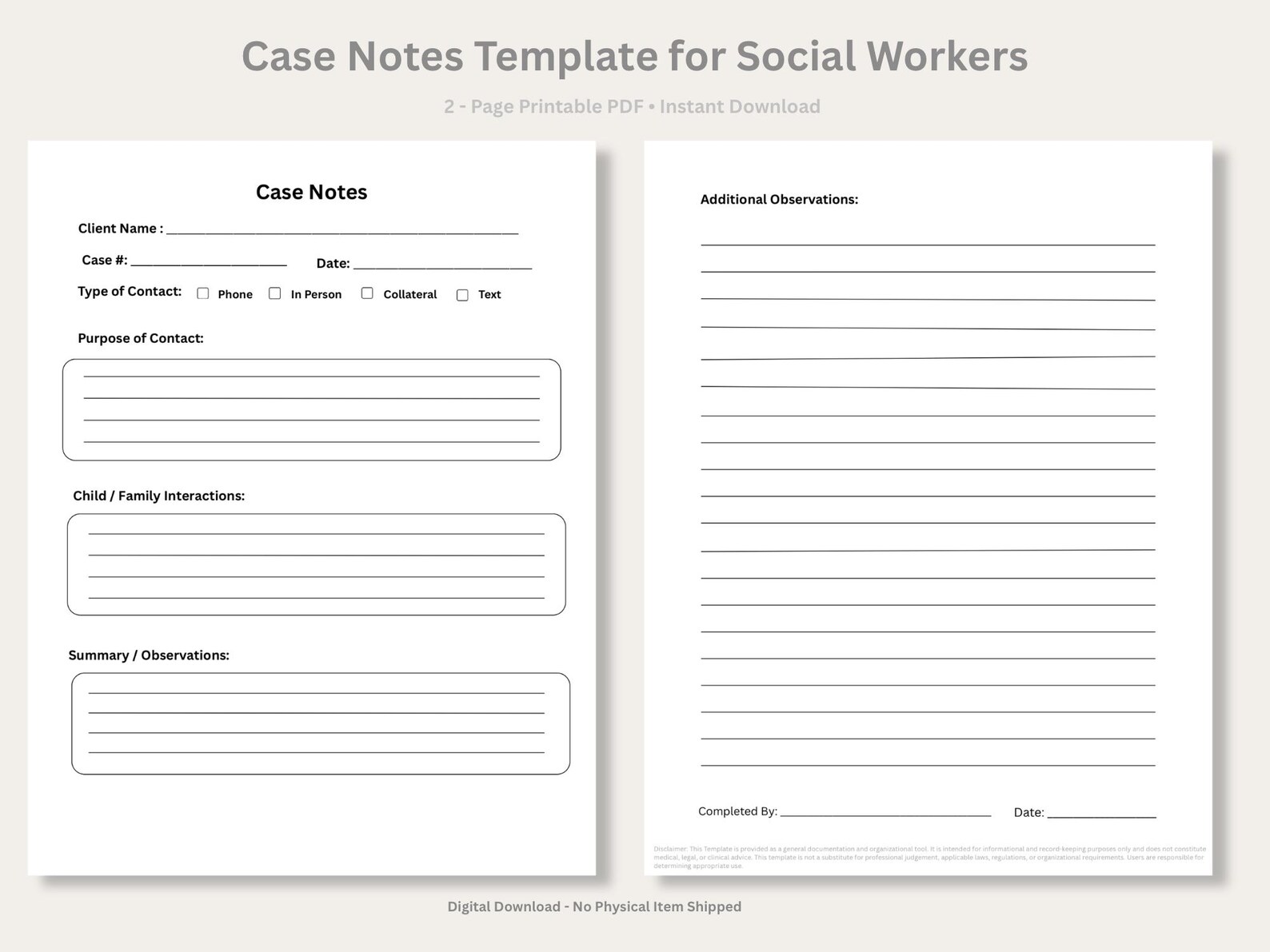 Case Notes Template for Social Workers | Printable Case Notes PDF ...