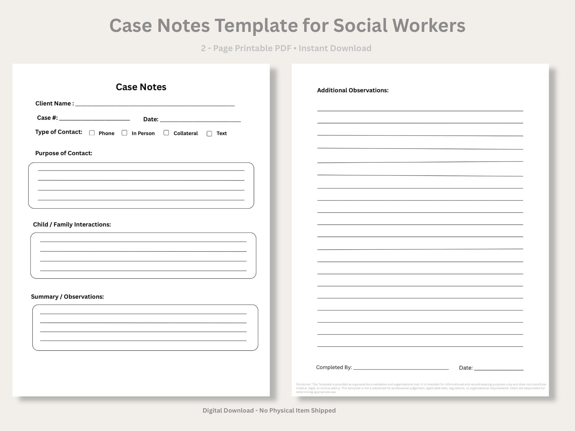 Case Notes Template for Social Workers | Printable Case Notes PDF ...
