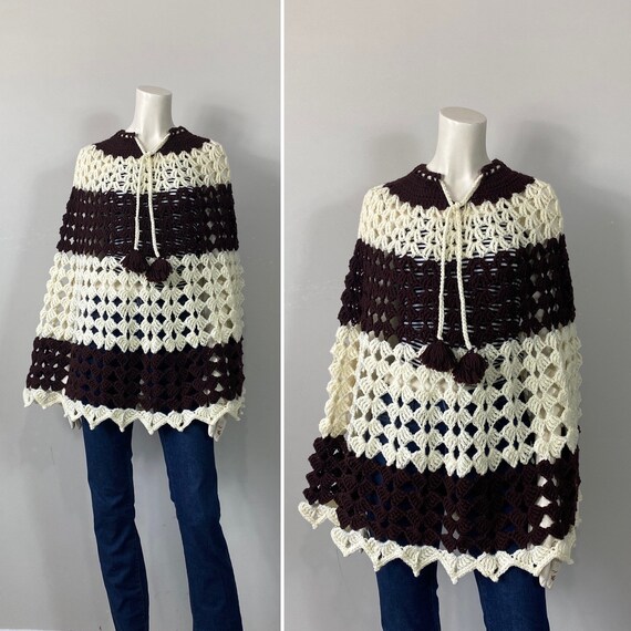 60s 70s Crochet Poncho OOAK| Vintage 60s 70s Knit… - image 1