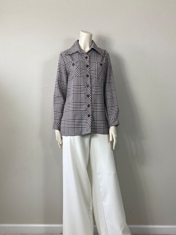 70s Brown White Plaid Top| 70s Plaid Buttondown D… - image 5