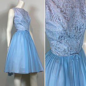 50s 60s Day Party Dress| 60s Pastel Lavender and Blue Lace & Chiffon Dress| 50s 60s Metal Zipper Dress| Size Small