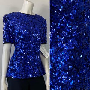 Vintage Sequin Blouse NWT| BLUE Deadstock Stenay Sequin Top| Royal Blue Sequin Shirt| Vintage Sequin Top| Vintage Sequin Shirt Medium