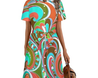 Abito camicia Sweetheart – Classico stile vintage con cintura – Stile Riviera Italiana con motivo a spirale tipo Pucci (Corallo Chartreuse Acquamarina) XS - 6X