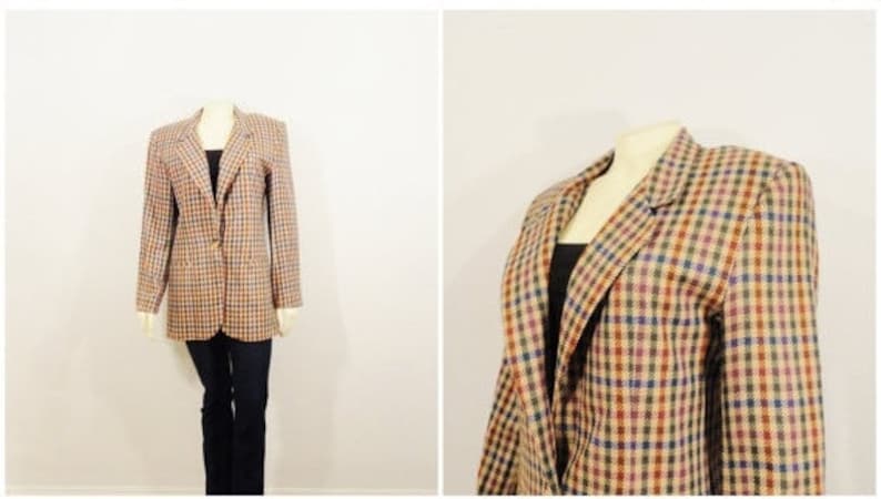 80s Oversized Plaid Blazer Counterparts Colorful Plaid Burgundy Eggplant Blue Brown Size 6 Modern Small to Medium