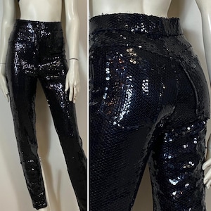 Rare Vintage Black Sequin Pants by Jeanette for St. Martin – High-Waisted Jean Style Size 6| Vogue Cover 1994 90s Glam Statement
