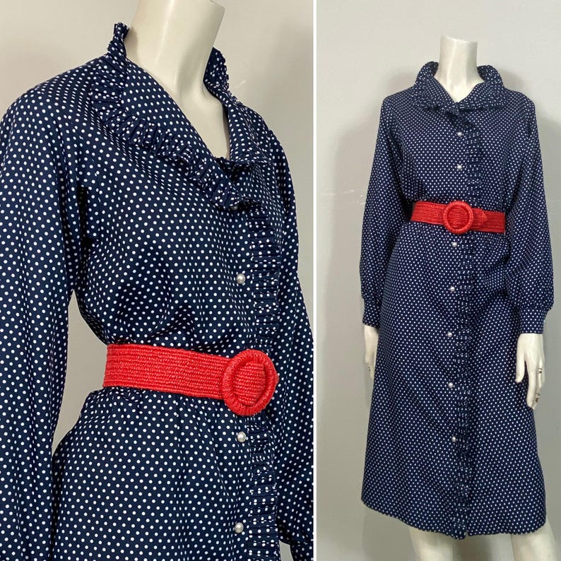Pu&ograve; includere: Un abito a pois blu navy e bianco con colletto a volant e maniche lunghe. L'abito ha una cintura rossa con una grande fibbia rotonda.