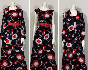 60s 70s 3 Piece Outfit Medium| Vintage Outfit Shirt Skirt & Jacket Black Red White Floral A-line Maxi Skirt