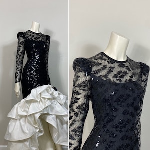 80s 90s Formal Evening Gown| 80s After Five Black & Ivory Hi Low Sequin Prom Dress| 80s Dramatic Evening Gown Size Small