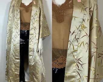 Deadstock 50s 60s Gold Embroidered Japanese Kimono | Gold Brown Beige Satin Embroidered Kimono Robe | NWT Boutique Tag Size OSFM