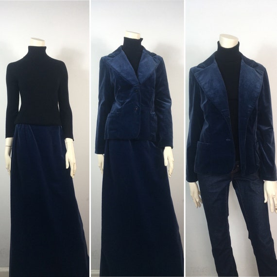 60s 70s Blue Velvet Skirt Suit| 60s Blue Velvet Bl