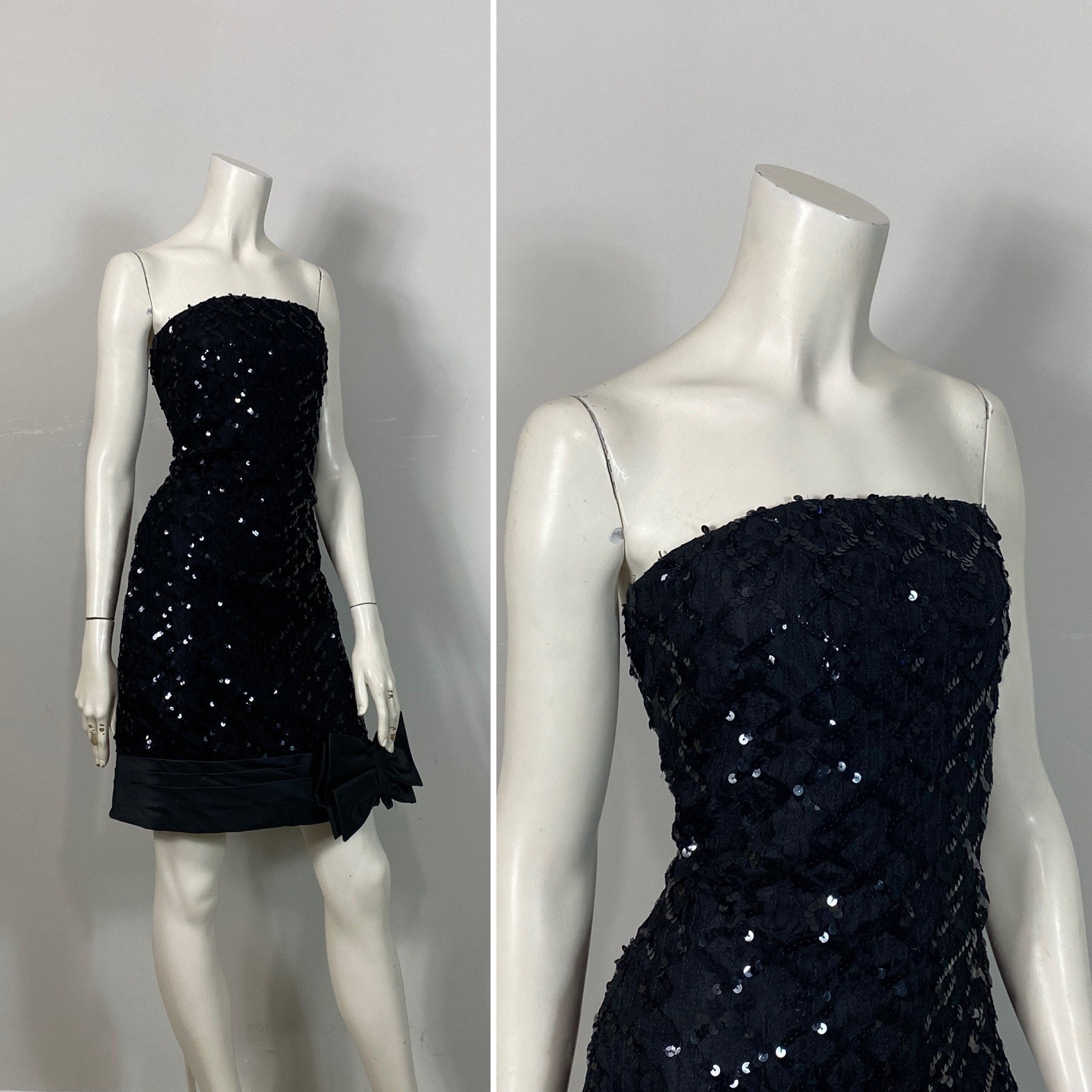 80s Prom Dress| 80s Black Sequin Dress Big Bow Hem| 80s Cocktail Dress ...
