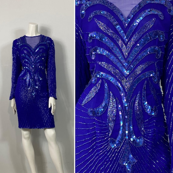 80s Sequin Beaded Dress| 20s Art Deco Style Iridescent Blue Beaded & Sequin Dress | Vintage Holiday Party / New Years Dress Size 10 Medium