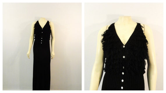 RARE 60s Knit Fringe Dress| Knit Black Dress| Kni