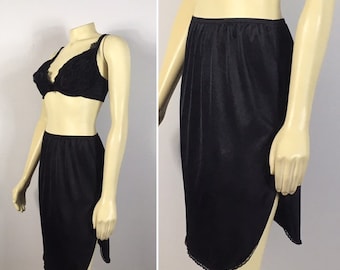 Vintage Skirt Slip| Vintage Black Satin Slip| Black Satin 1/2 Slip| Vintage Black Slip| Satin & Lace Slip| Modern Size Small